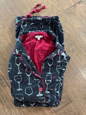 PJ Salvage Black Wine Glass Print Pajama Set with Red Accents